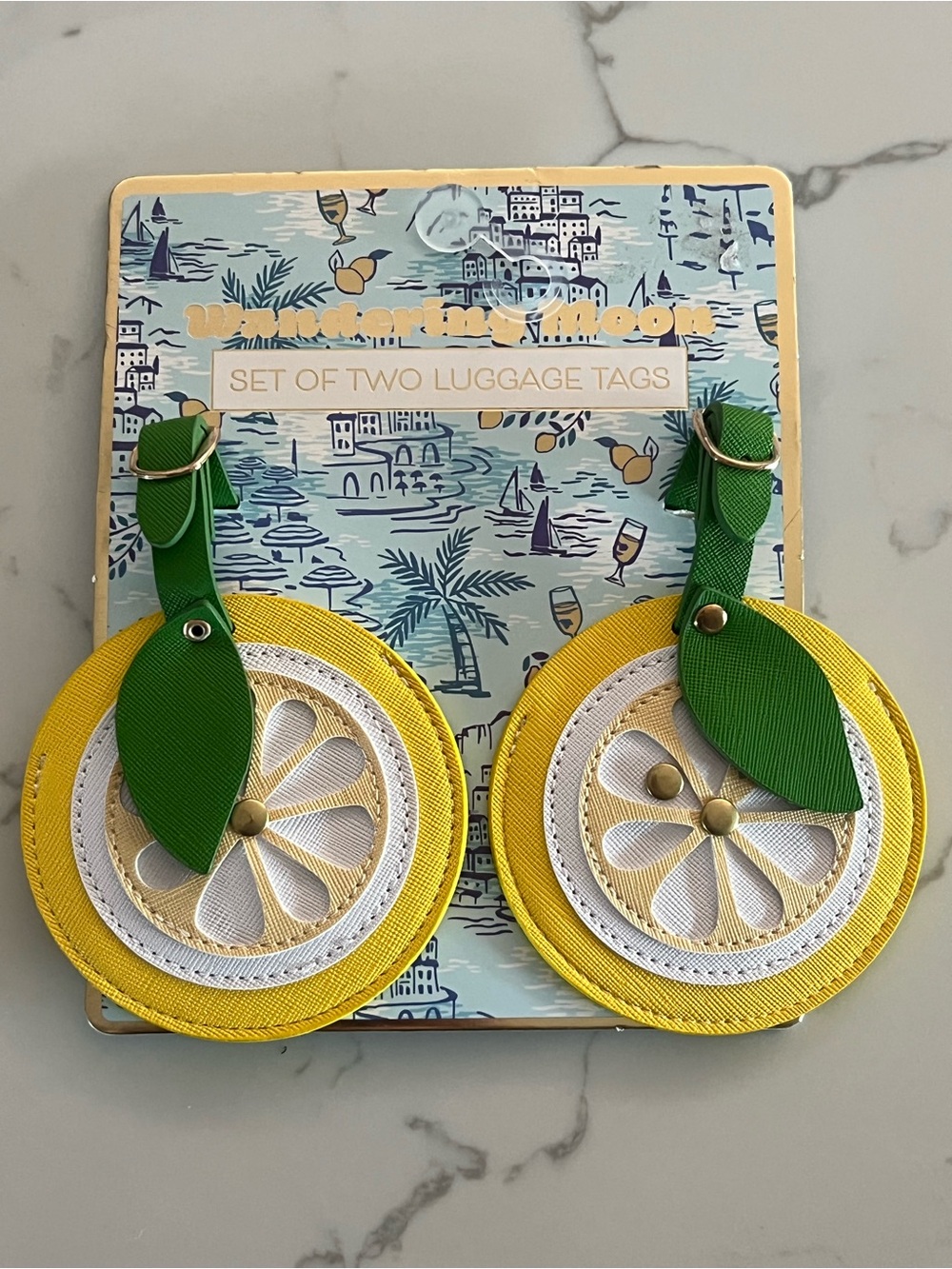 Wondering Moon Citrus Lemon Luggage Tags with Green Leaf Accents